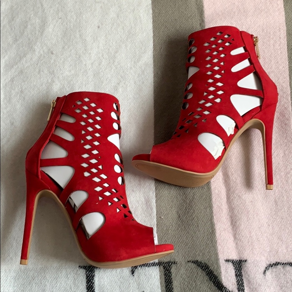 Red suede booties / heels 4.5” tall